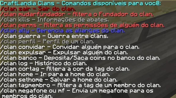 Lista de comandos do clan exibida no chat ao digitar /clan