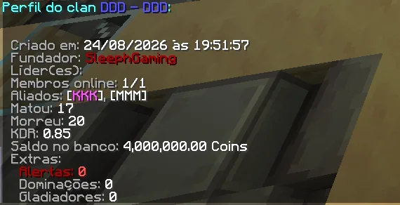 Perfil de um clan no chat com fundador, membros, KDR, saldo do banco e dominações