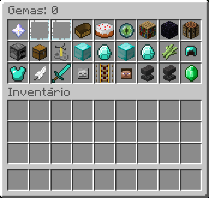 Menu do comando /gemas com os itens que podem ser trocados por gemas