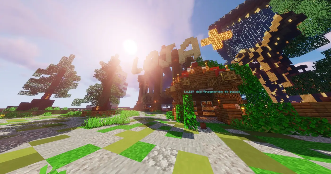 Entrada da Loja+ dentro da /warp loja, com o letreiro em blocos