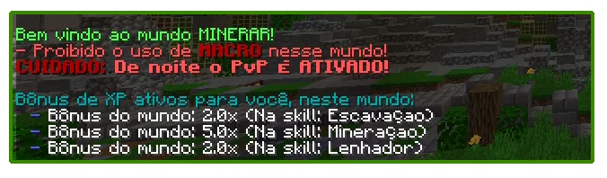 Mensagem de boas-vindas do mundo minerar com aviso de PvP à noite e os bônus de XP ativos