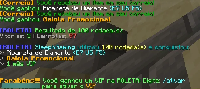Mensagens no chat com o resultado de 100 rodadas da Roleta VIP