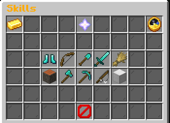 Menu de skills aberto com o comando /skills, com um ícone para cada skill