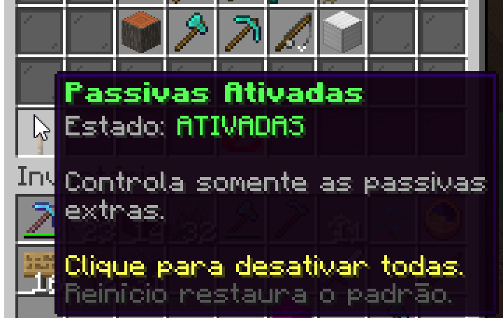Opção Passivas Ativadas no menu de skills, que liga e desliga as passivas extras